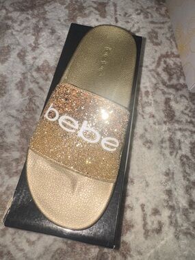 bebe Gold Glitter Logo Slide Sandals